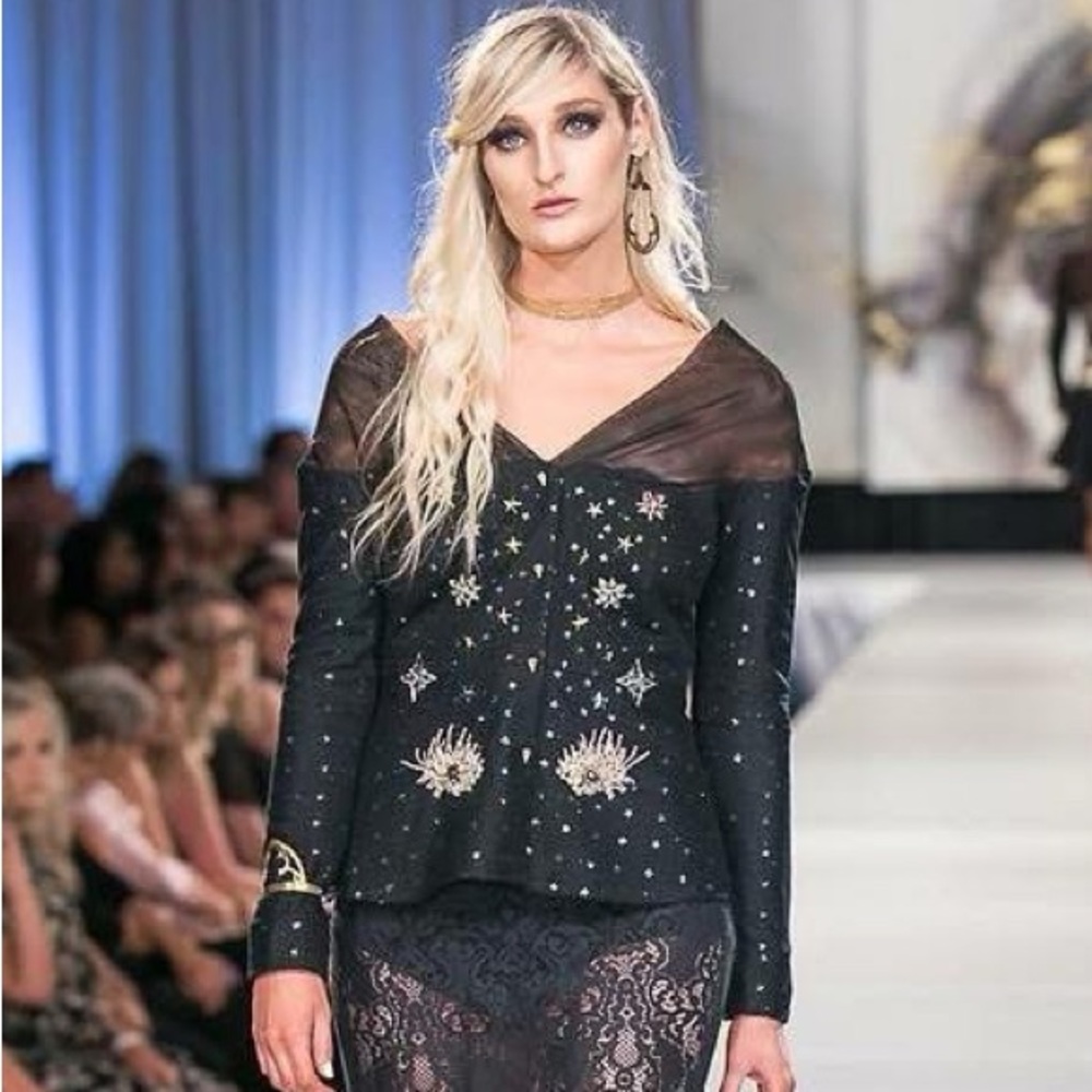 Rhinestone eyeball star moon metallic silver gold illusion black mesh top